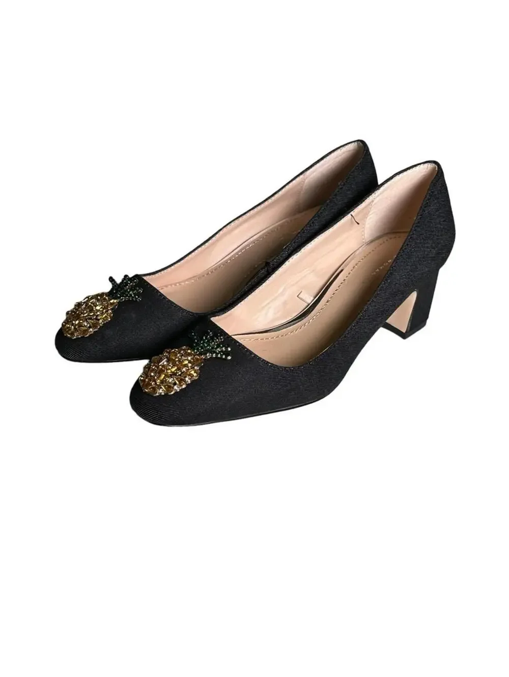 Zara Pineapple Embellished Denim Block Heel Pumps NWT Sz 38